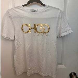 Jimmy Choo White Cotton Gold Logo Graphic T-Shirt Small Italy Y2K Streetwear